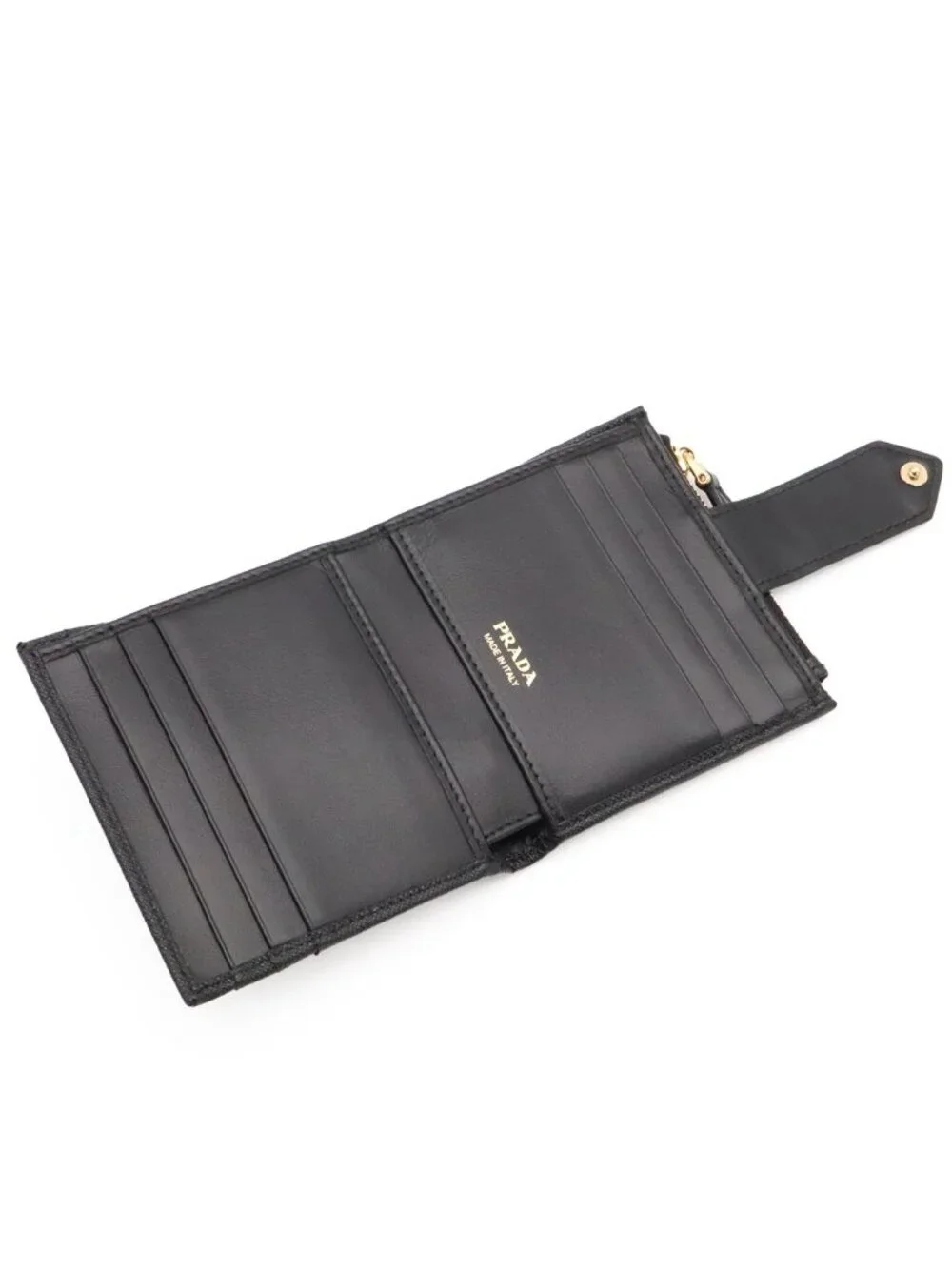 Prada Triangle Logo Compact Wallet Bifold Leather Nero Black Gold